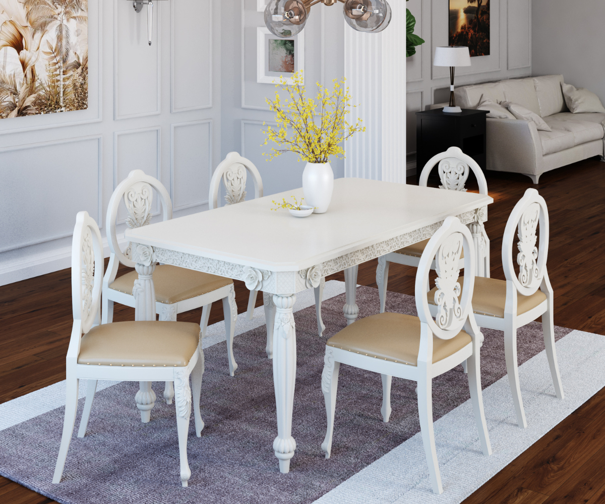 Sumptuous Luxury Carved White Dining Table Set | Solid Wood Dining Set