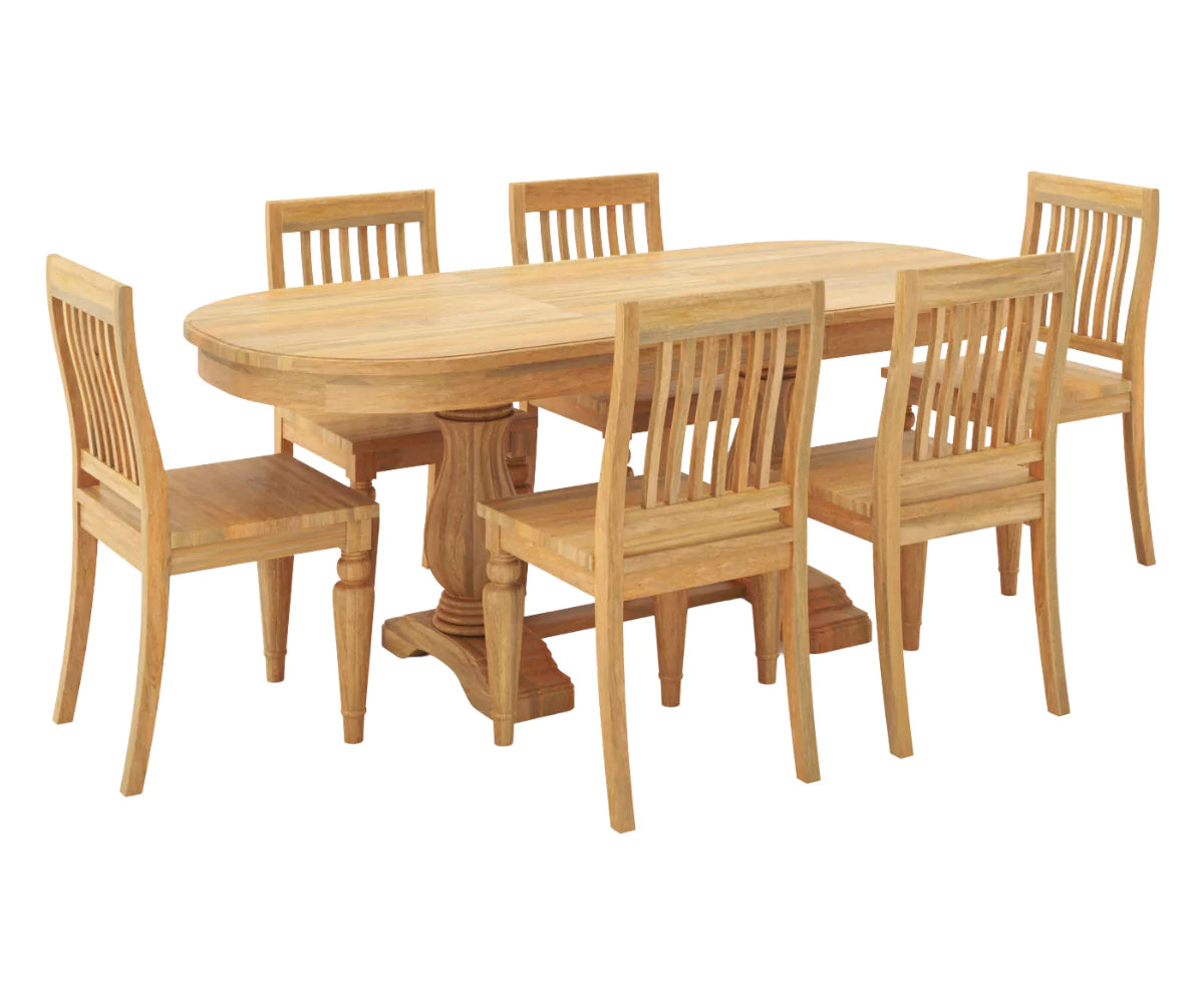 Coralia Extendable Double Pedestal Dining Set, Natural Finish.
