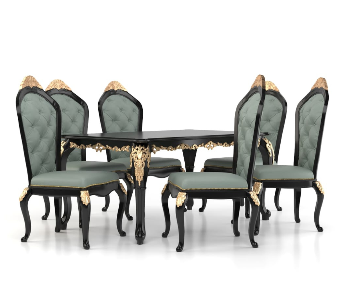 Exquisite Solid Wood Luxury Dining Table Set, Black Finish.