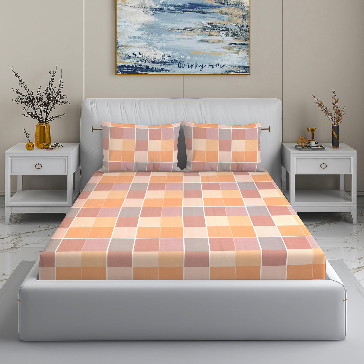 Wakeup INDIA StyleNest Geometric Premium Cotton King Size Bedsheet with two pillow cover