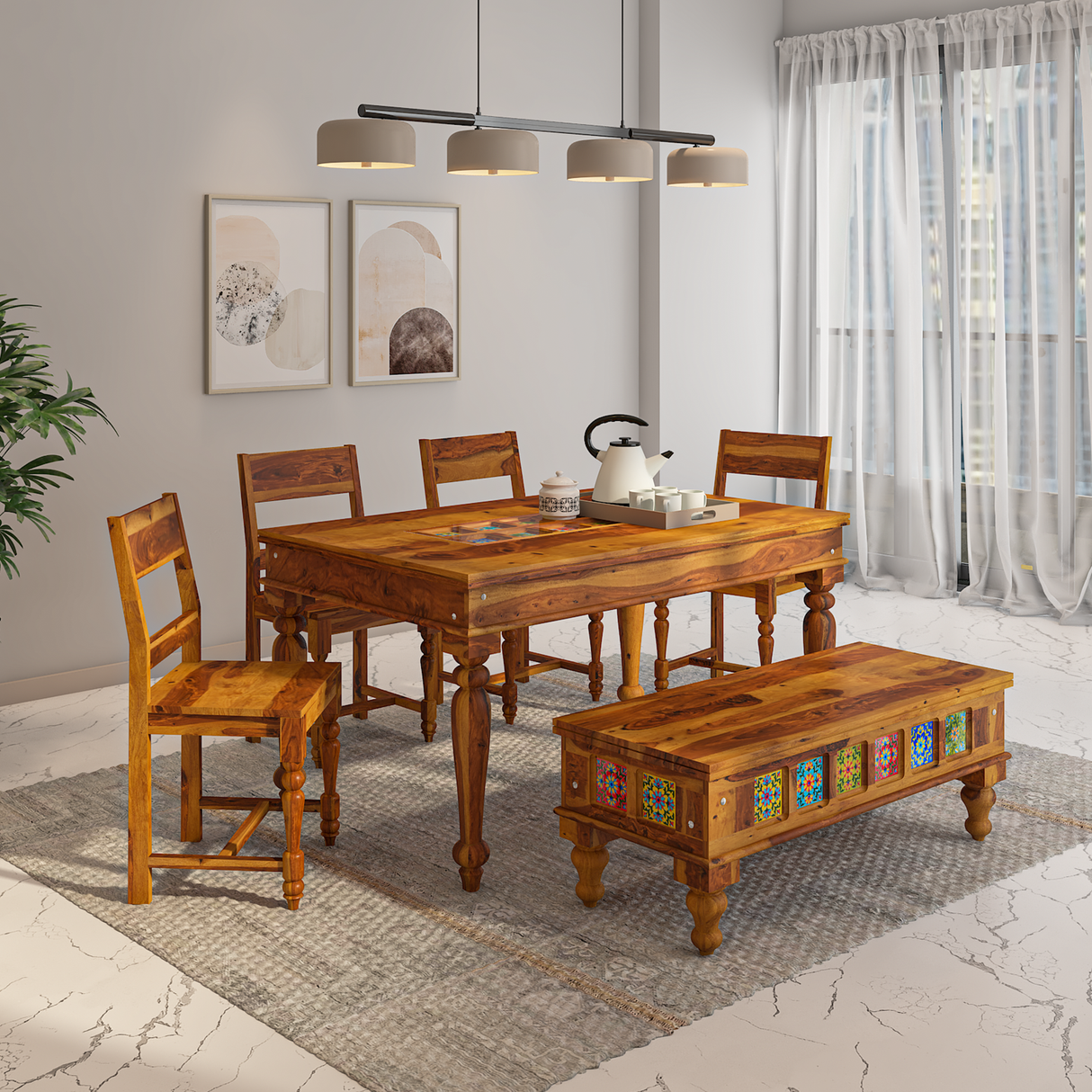 Keller Sheesham Wood Dining Table Set 6 Seater In Reddish Rosewood