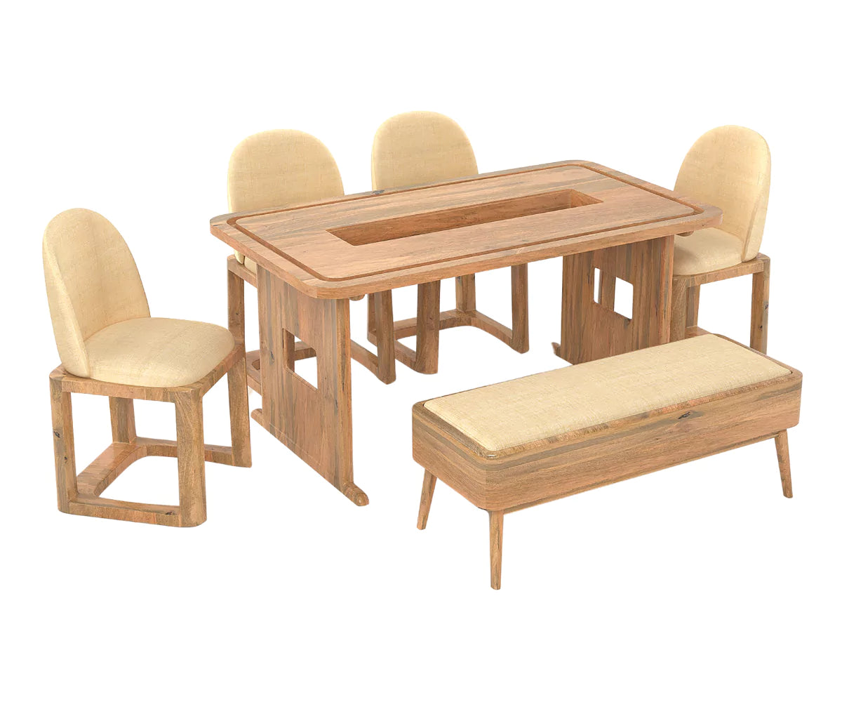 Vornax Dining Table with Bench and 4 Chairs - Honey Finish