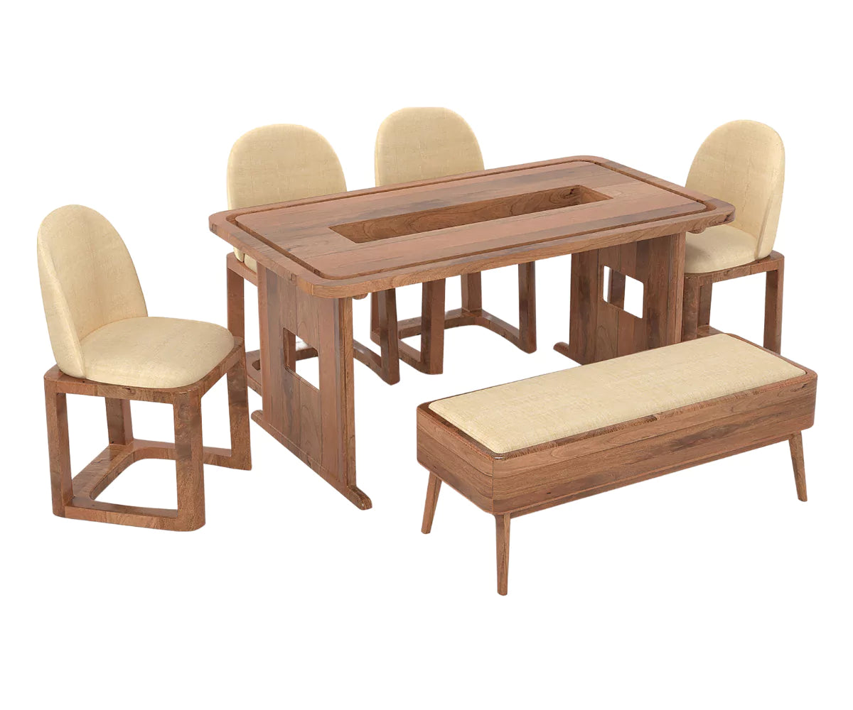 Vornax Dining Table with Bench and 4 Chairs - Clay Brown Finish