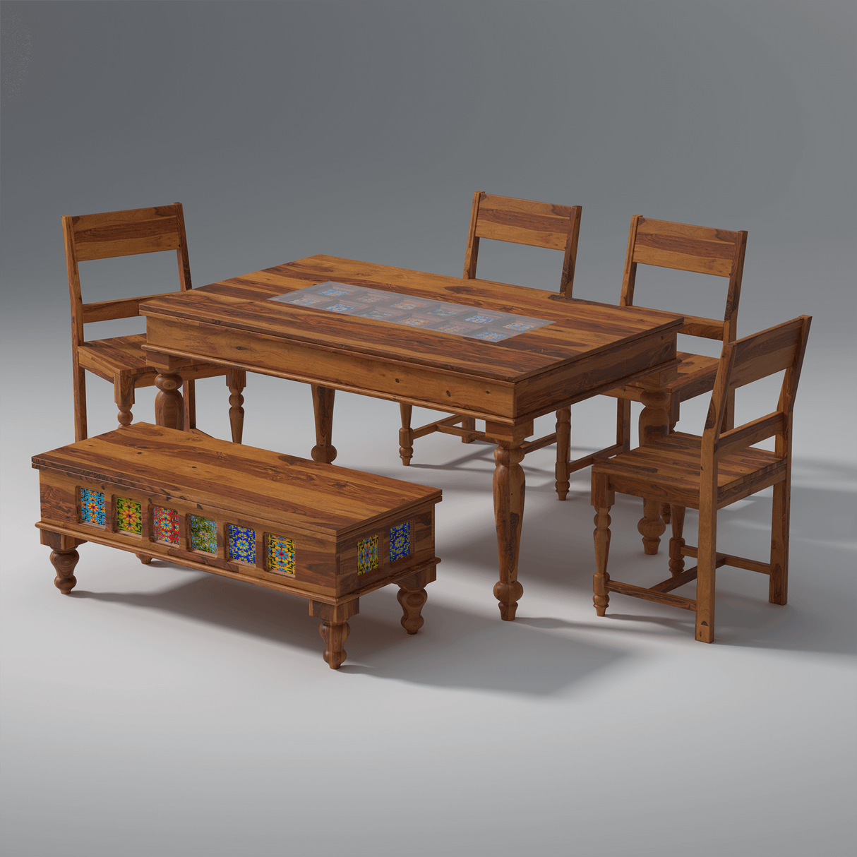 Keller Sheesham Wood Dining Table Set 6 Seater In Reddish Rosewood