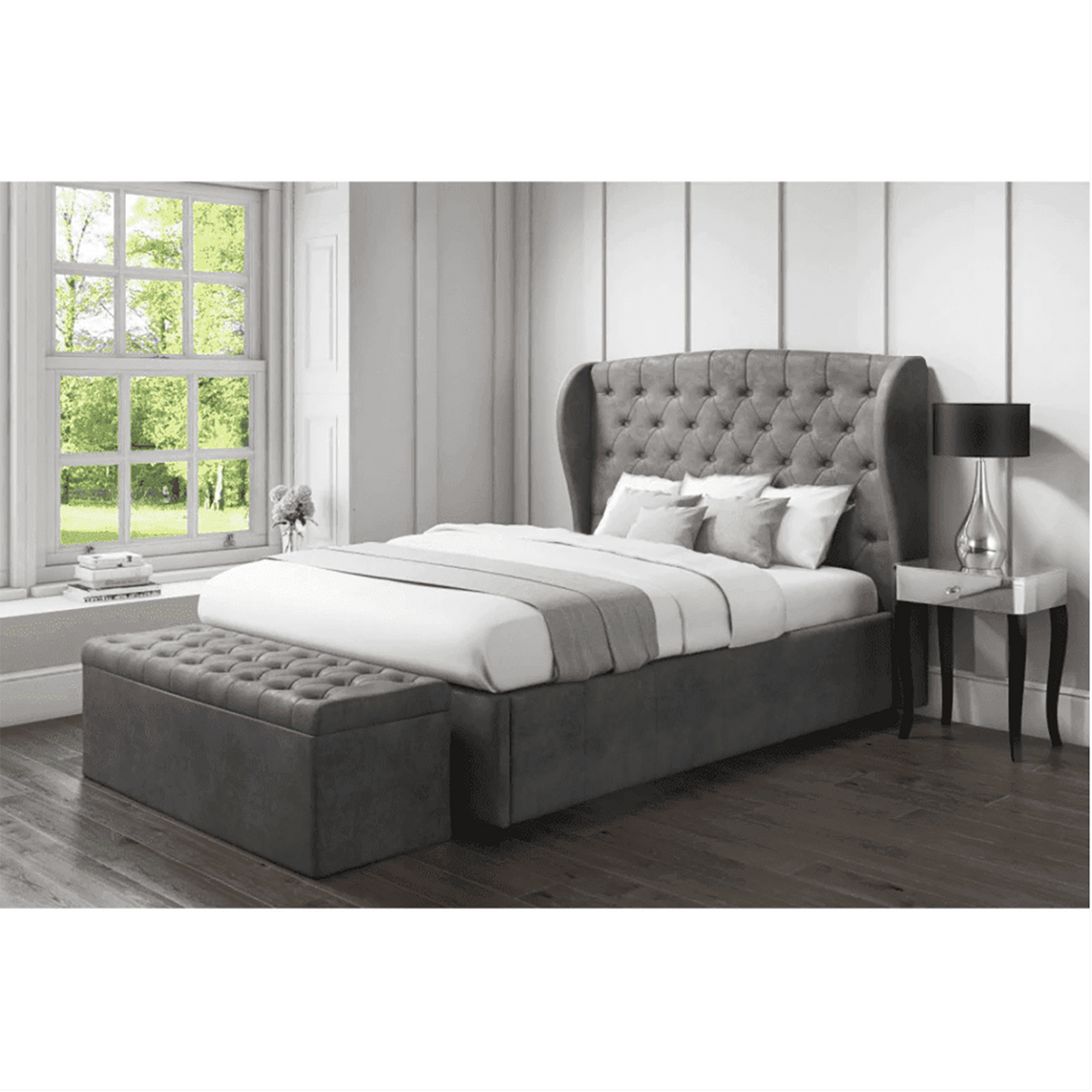 Seraphius King size Upholstered Bed in Grey Colour With Box Storage