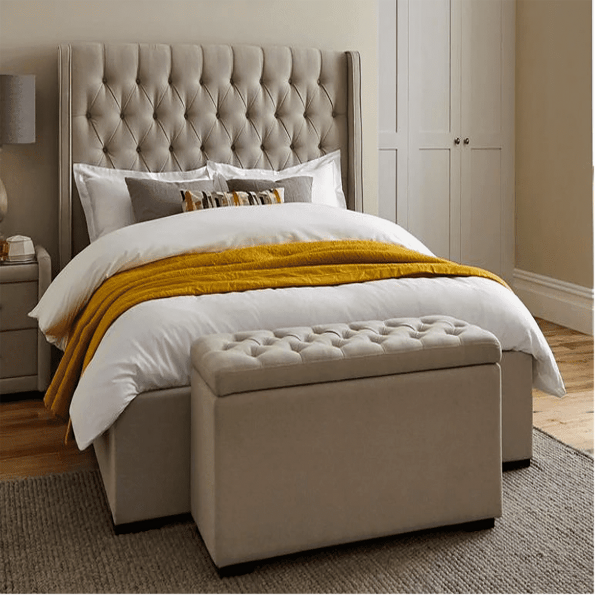 Sprucely King size Upholstered Bed in Beige Colour With Box Storage