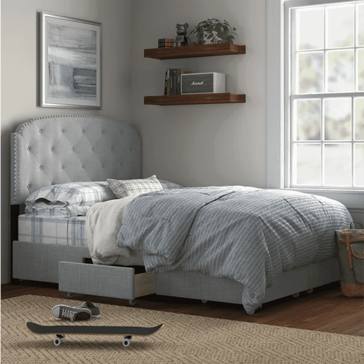 Resthaven Upholstered Bed in grey Colour With Box Storage