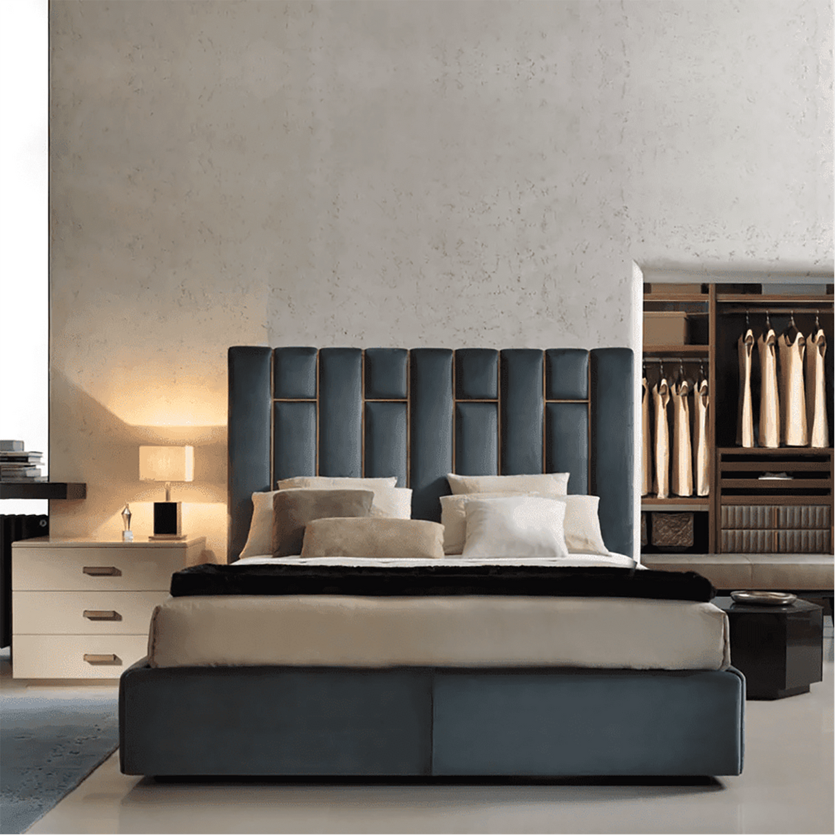 Elitaria King size Upholstered Bed in Greyish Blue Colour With Box Storage