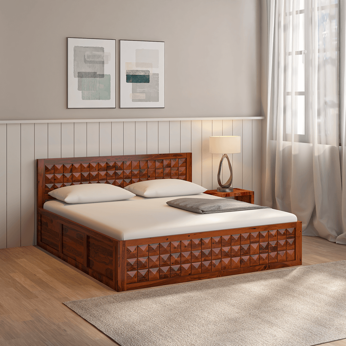 Pluto Sheesham Wood Storage Hydraulic Bed In Reddish Rosewood