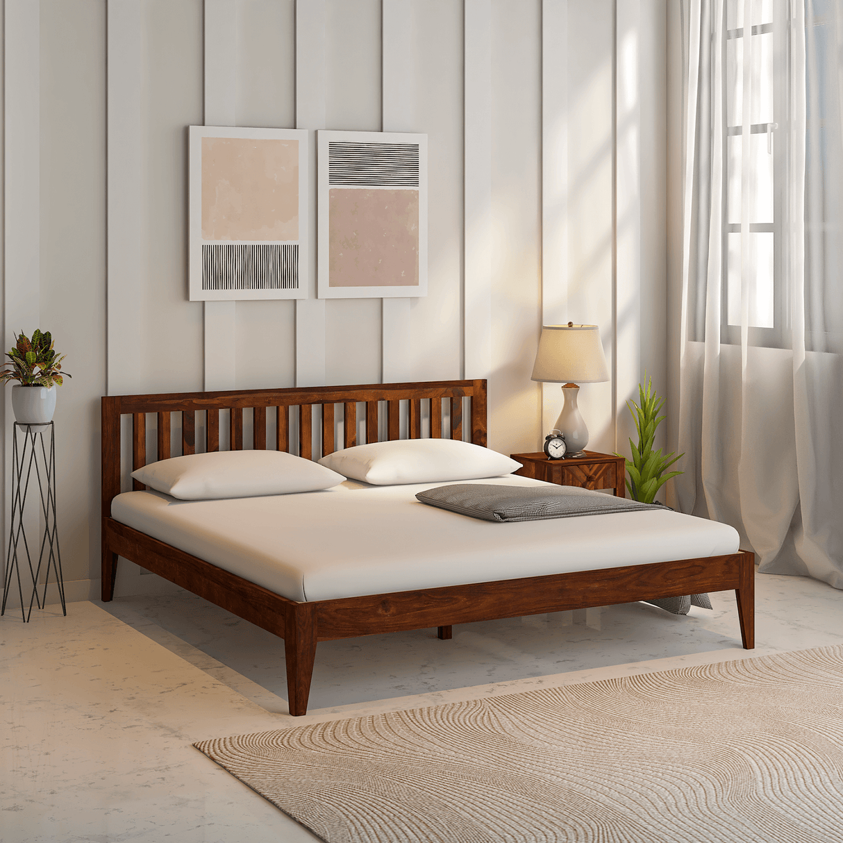 Luxy Low Sheesham Wood Bed In Light Rosewood Without Box Storage