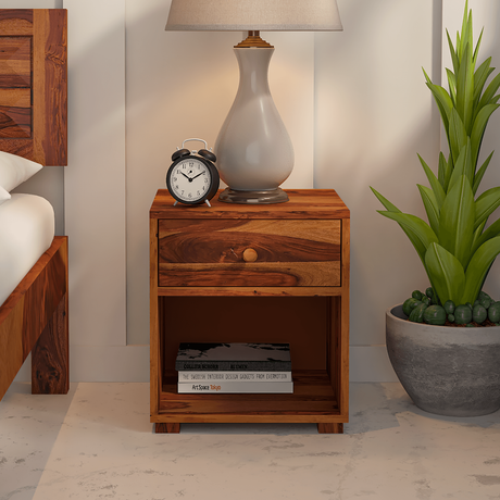 Rivo Sheesham Wood Bed Side Table with Drawer In Light Honey