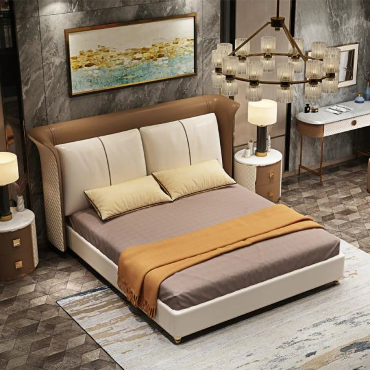 Arborwood Upholstered Bed in beige and brown Colour With Box Storage