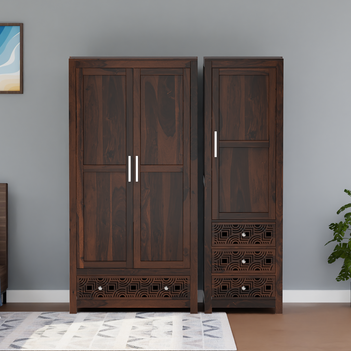 Summita Three Door Sheesham Wood Wardrobe in Walnut Colour