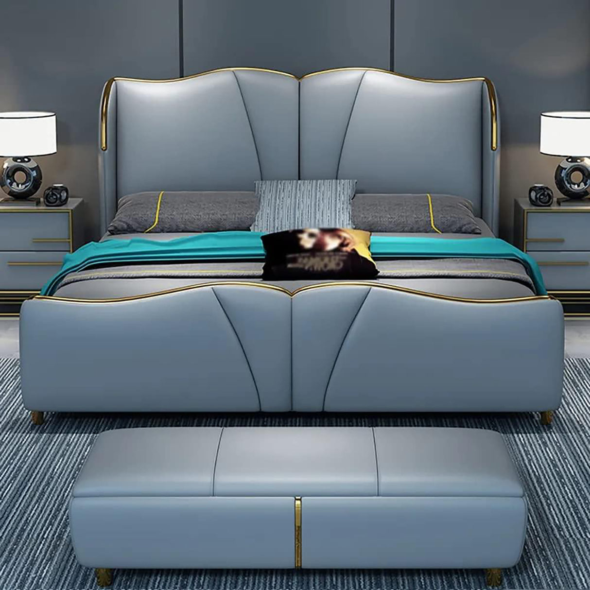 Equinox King size Upholstered Bed in aqua Colour With Box Storage