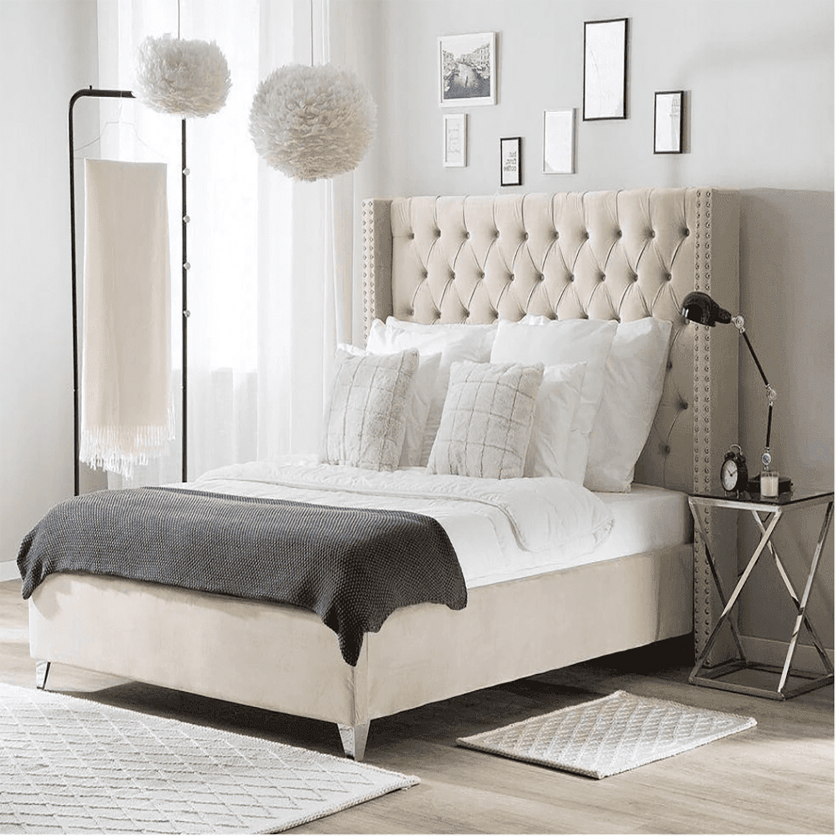 Trundle King size Upholstered Bed in Grey Colour Without Box Storage