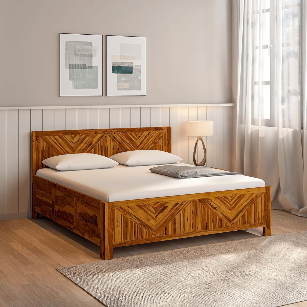 Alpha Sheesham Wood Storage Hydraulic Bed In Light Honey