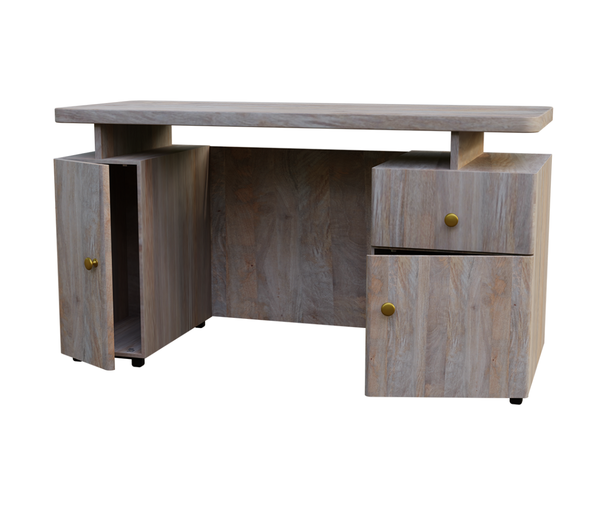 Bristol Mango Wood Computer Desk, Isometric Angle Open View.