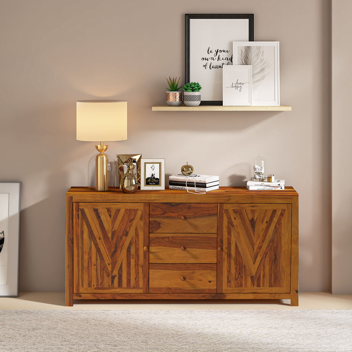 Alpha Sheesham Wood Sideboard In Light Honey