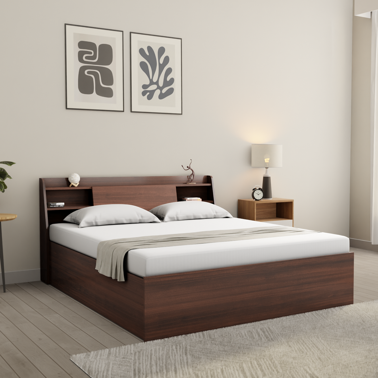 Slann Engineered Wood Bed with Storage Box Walnut Finish