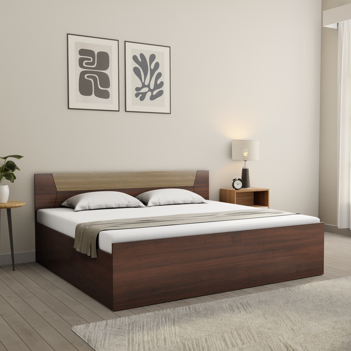 Slipan Engineered Wood Bed with Storage Box in Walnut Finish