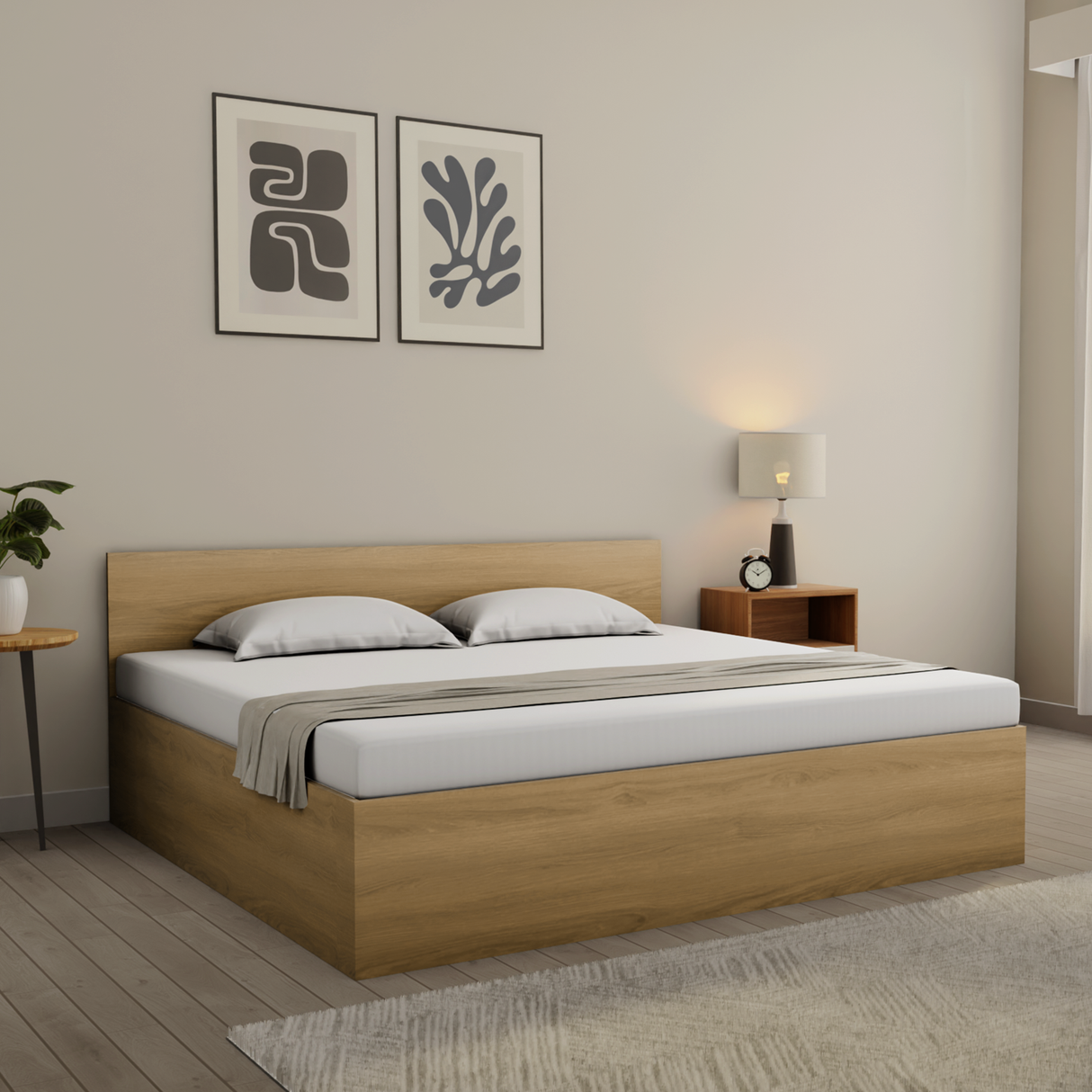 Prism Engineered Wood Bed with Storage Box in Light Teak Finish