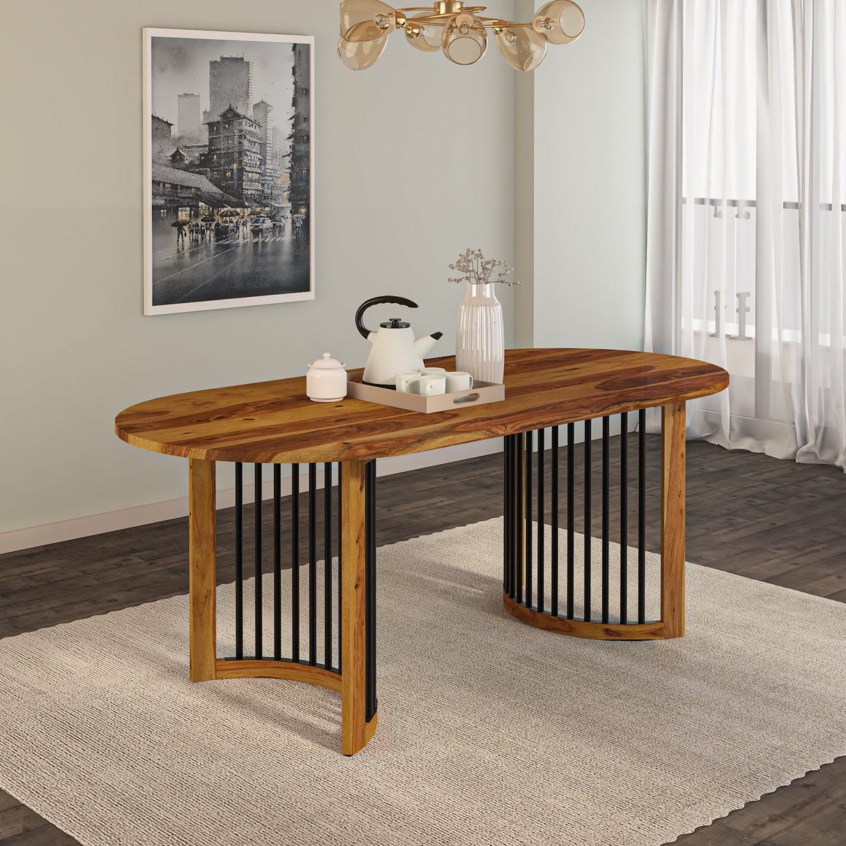 Andress Sheesham Wood C & Iron Leg Dining Table in Light Honey Finish (4 Seater)
