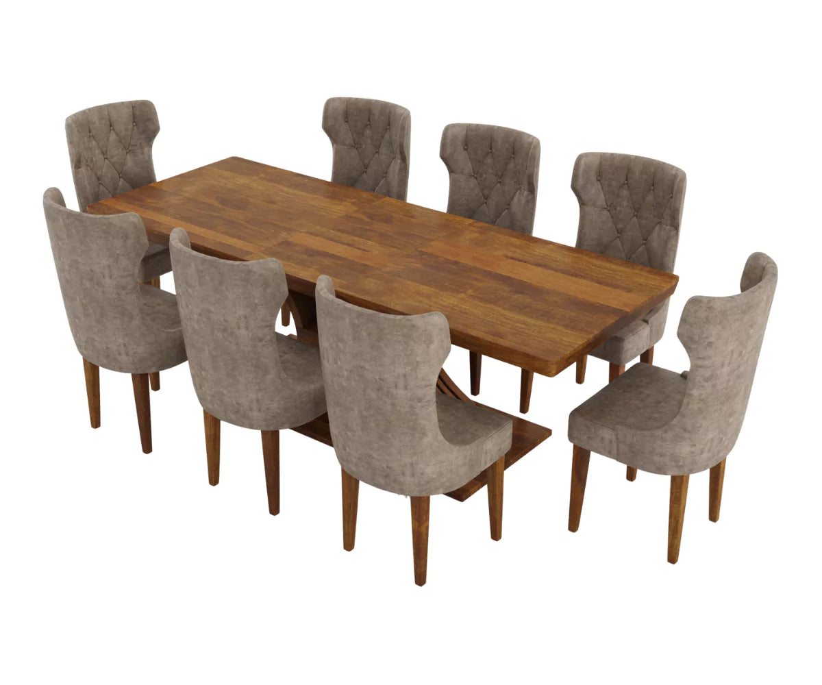 Caelistra Extendable 6-8 Seater Dining Table and Chairs Set, Isometric Angle When Extended.