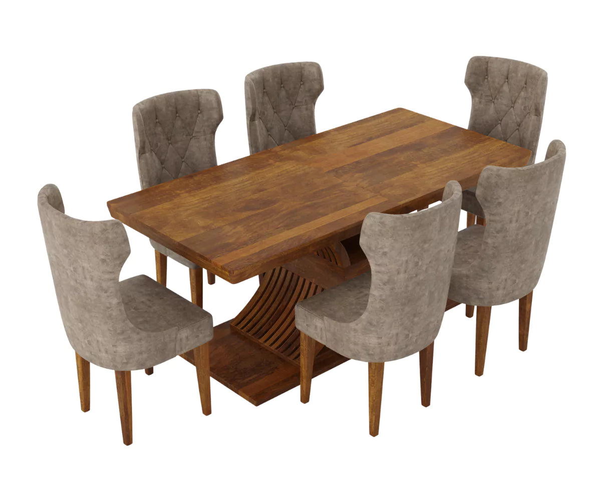 Caelistra Extendable 6-8 Seater Dining Table and Chairs Set, Isometric Angle.