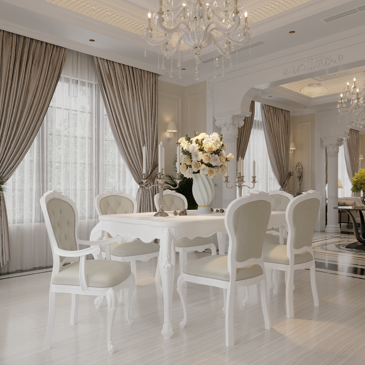 Countryside Luxury White Dining Table with Upholstered Chairs