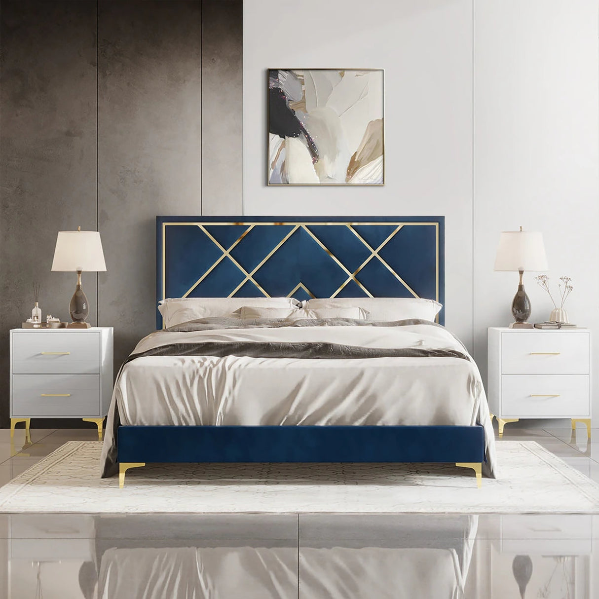 EverRest Upholstered Bed in blue Colour Without Box Storage