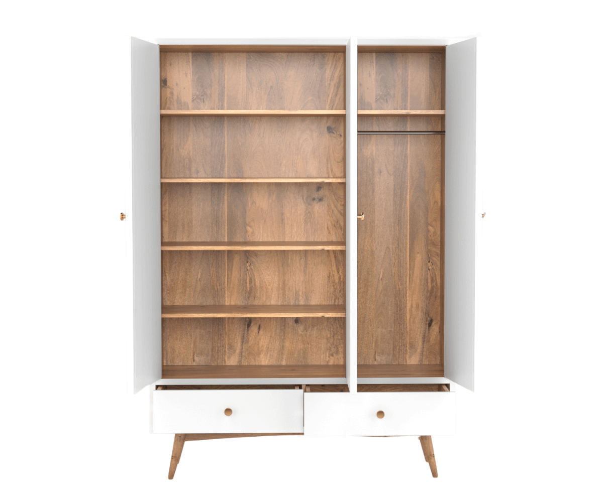 Eluxin White Solid Wood 3 Door Wardrobe with 2 Drawers, Open View.