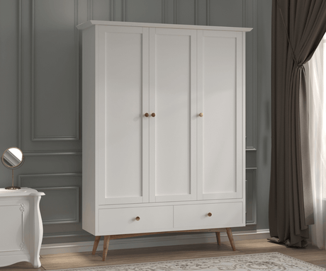 Eluxin White Solid Wood 3 Door Wardrobe with 2 Drawers