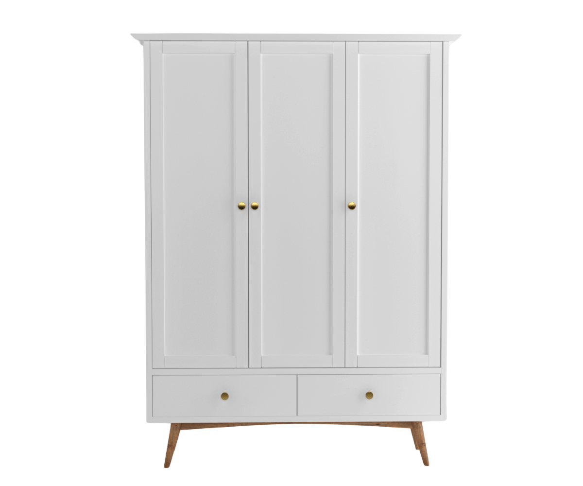 Eluxin White Solid Wood 3 Door Wardrobe with 2 Drawers, Front View.