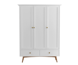 Eluxin White Solid Wood 3 Door Wardrobe with 2 Drawers, Front View.