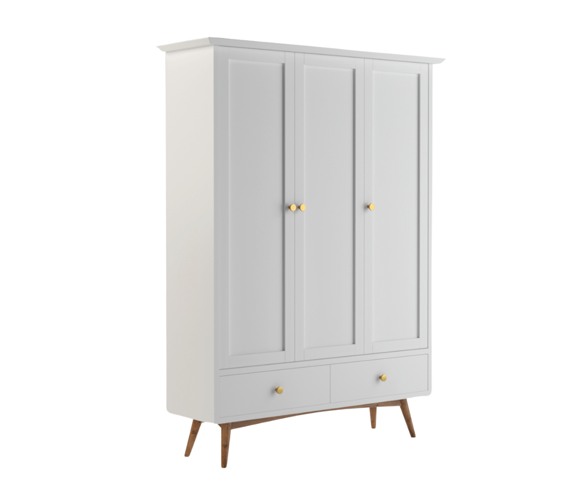 Eluxin White Solid Wood 3 Door Wardrobe with 2 Drawers, Isometric Angle.