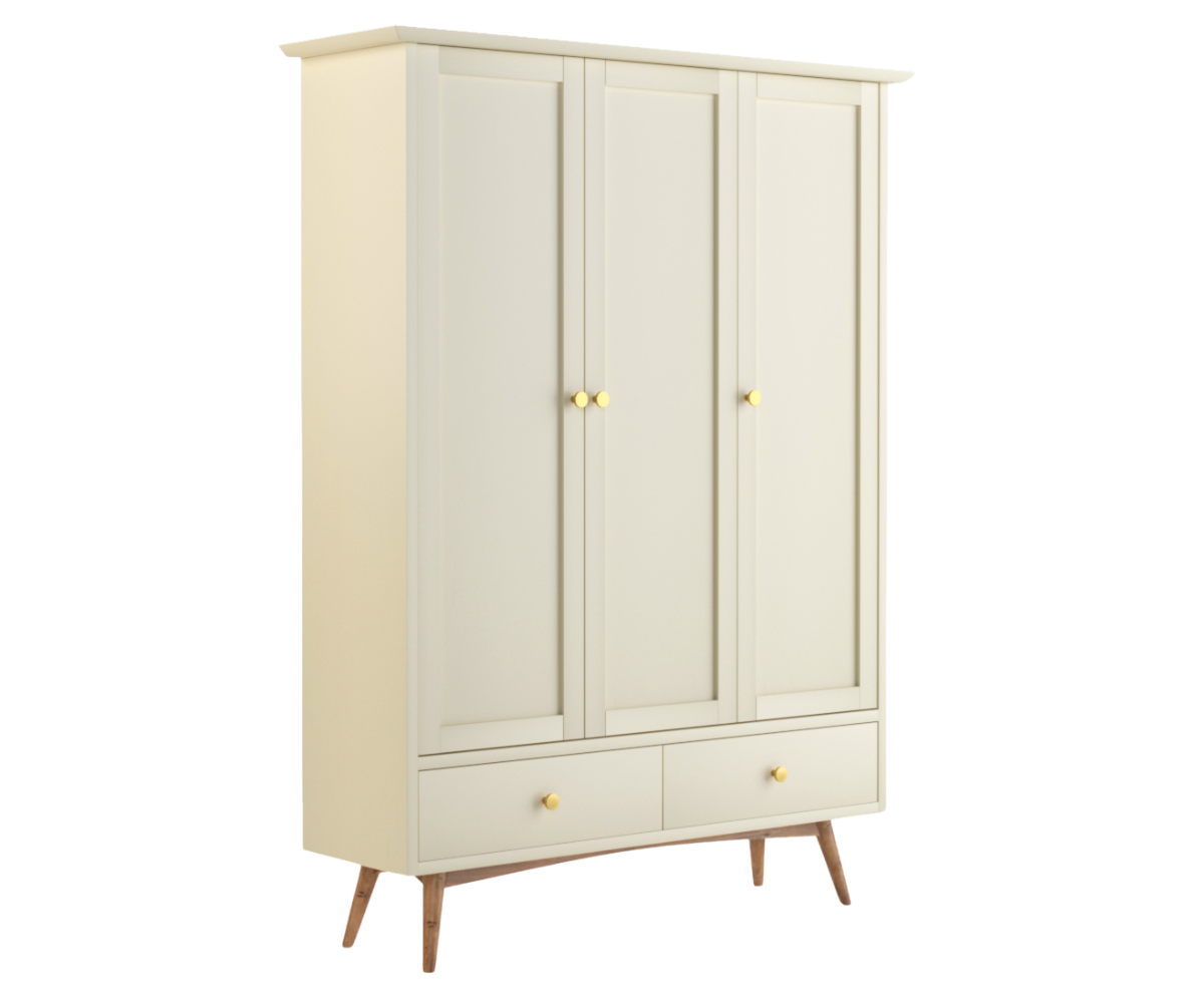 Eluxin White Solid Wood 3 Door Wardrobe with 2 Drawers, Beige Shade.