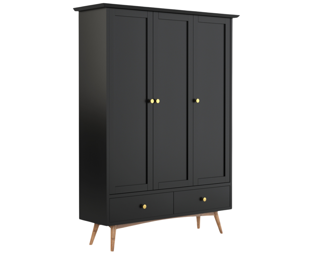 Eluxin White Solid Wood 3 Door Wardrobe with 2 Drawers, Black Shade.