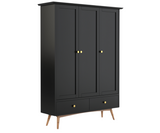Eluxin White Solid Wood 3 Door Wardrobe with 2 Drawers, Black Shade.