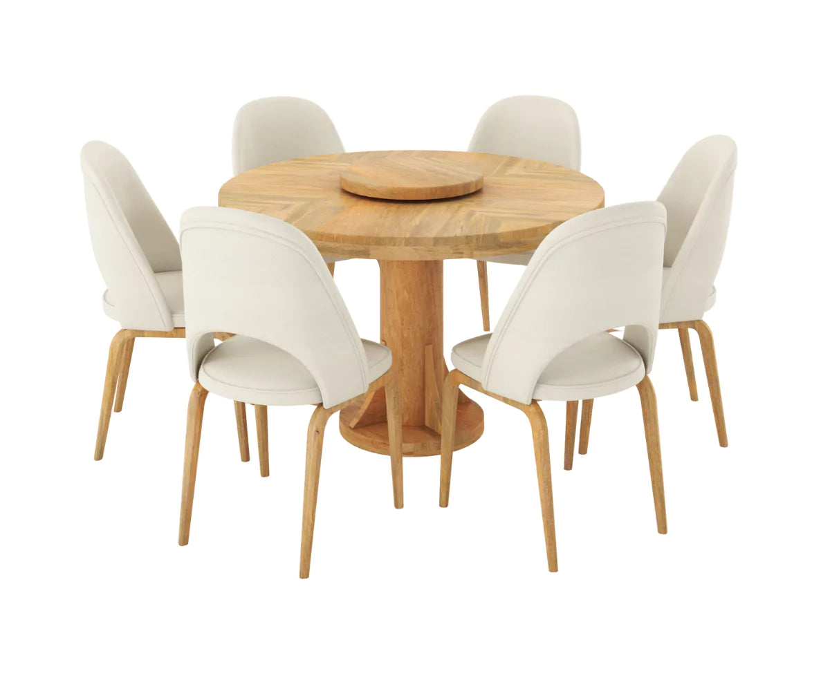 Fexoria Round Dining Table and Chairs for 6, Natural Finish.
