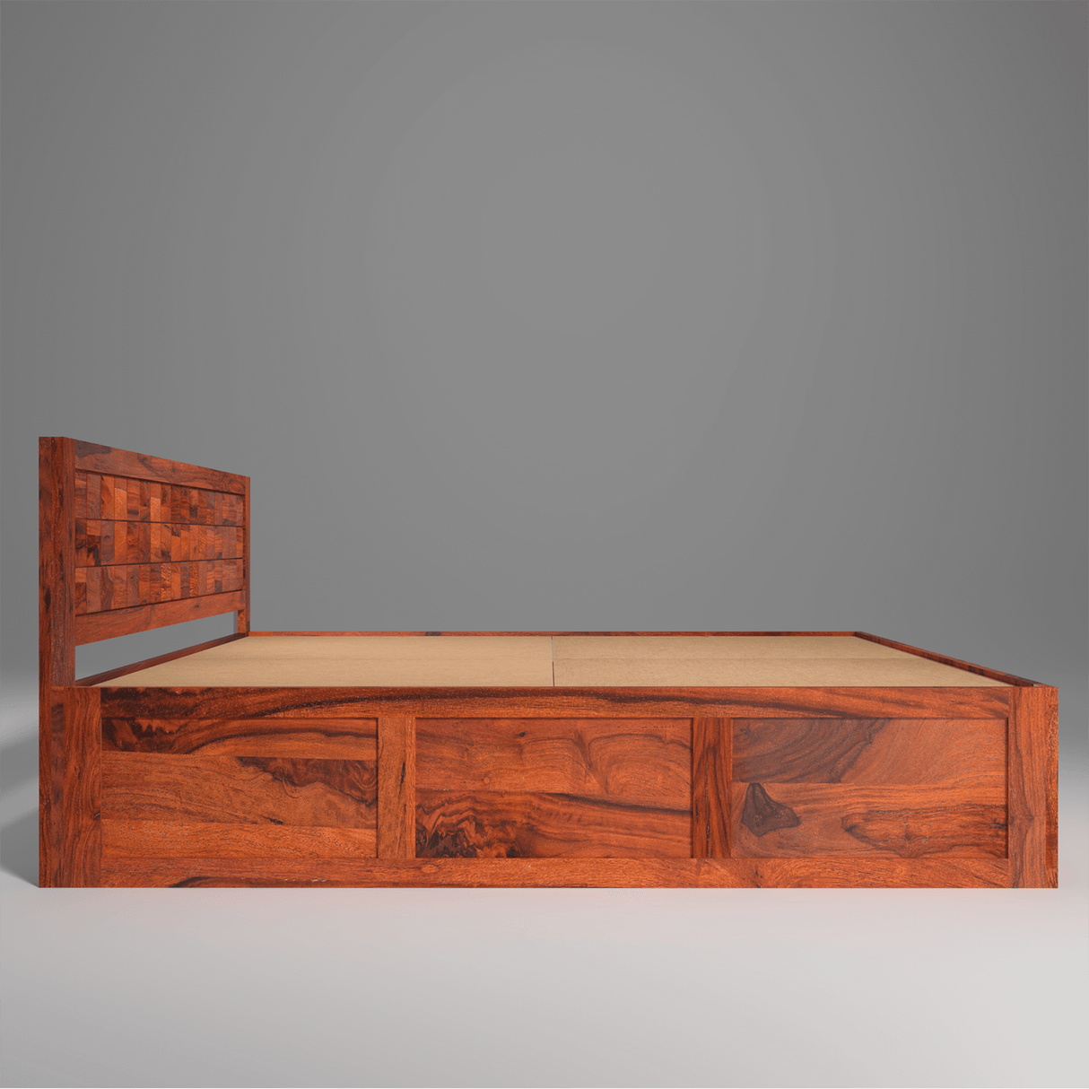 Pluto Sheesham Solid Wood Bedwith Storage In Reddish Rosewood