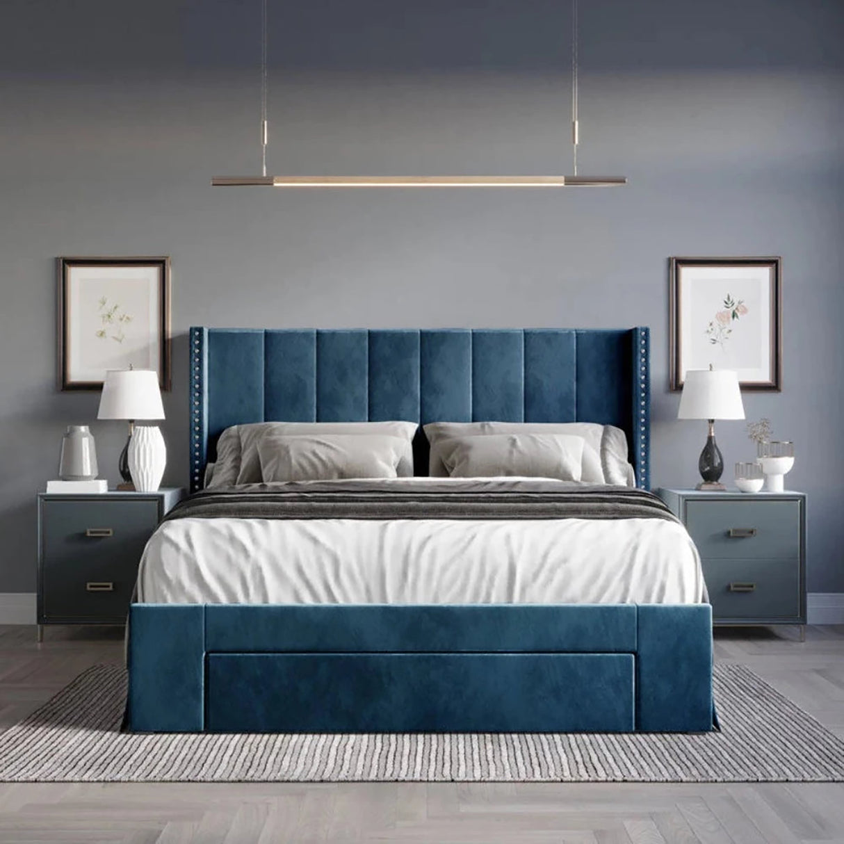 Sequoia Upholstered Bed in blue Colour With Box Storage