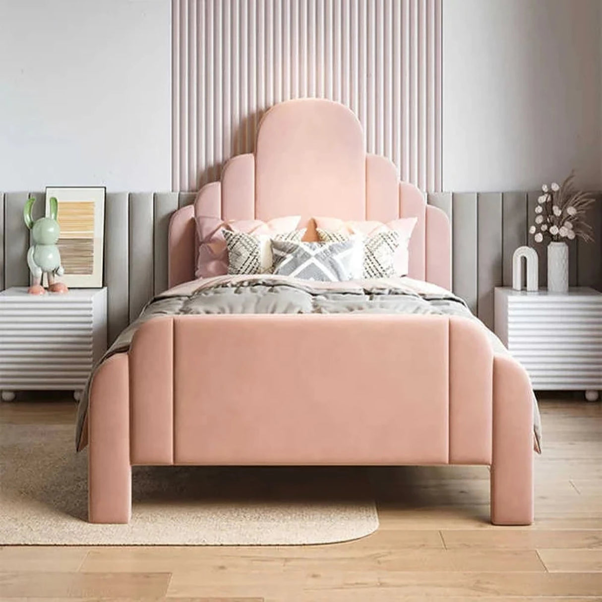 Treasure Upholstered Bed in light pink Colour Without Box Storage