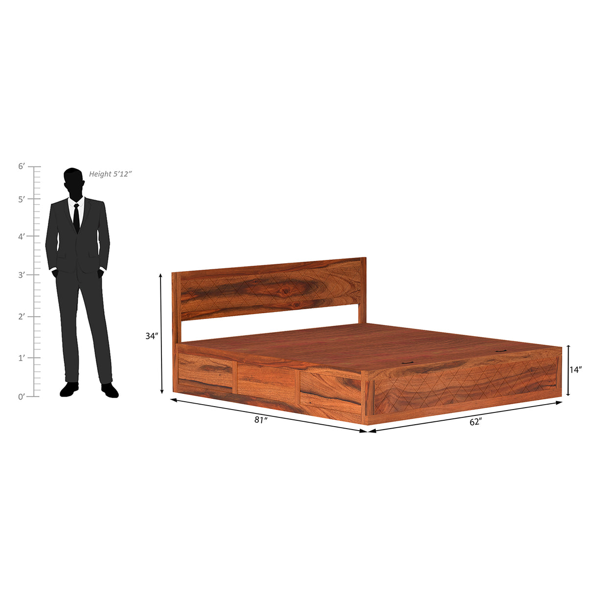 Lofted Sheesham Wood Hydraulic Bed with Box Storage in Maharani Color