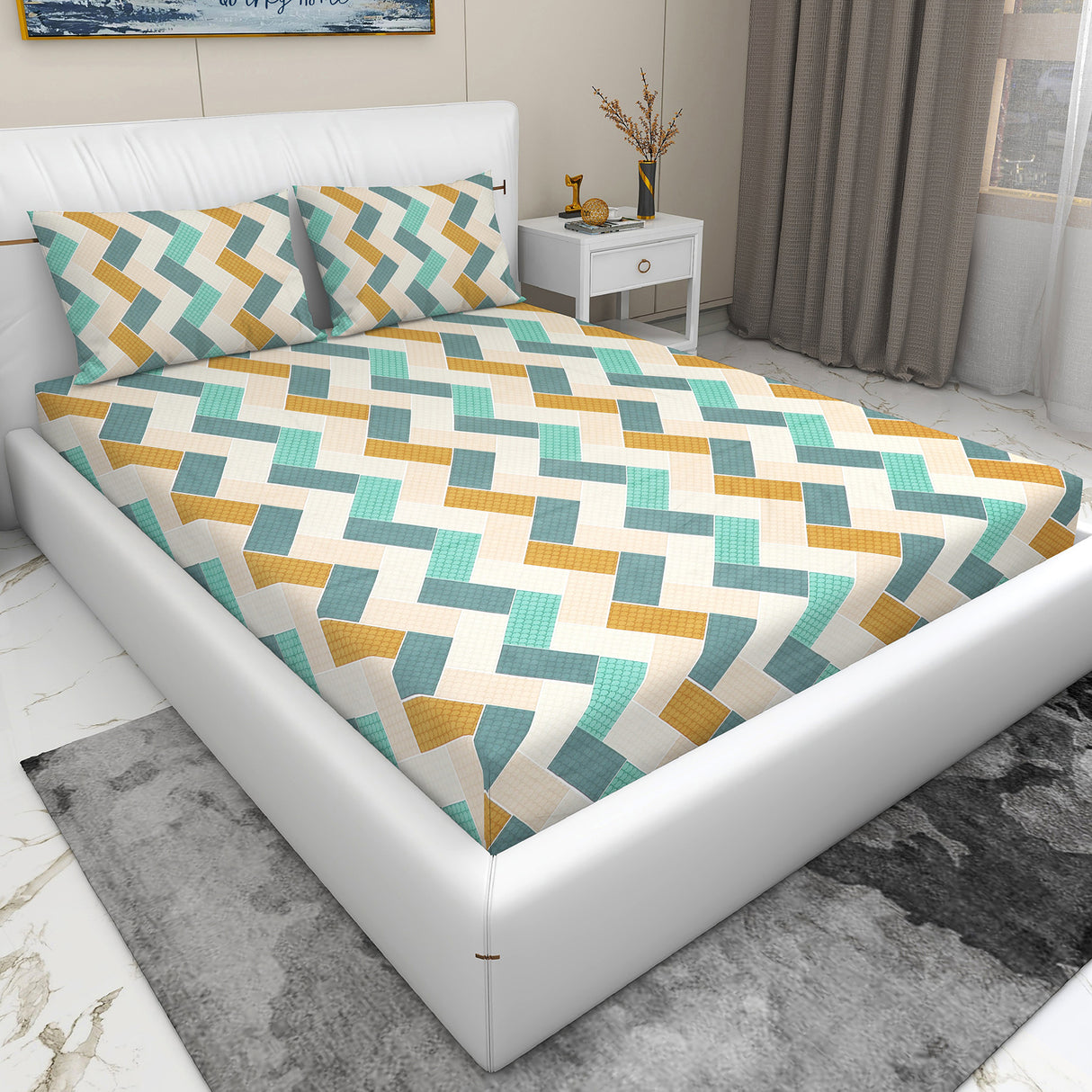 Wakeup INDIA StyleNest Geometric Premium Cotton King Size Bedsheet with two pillow cover