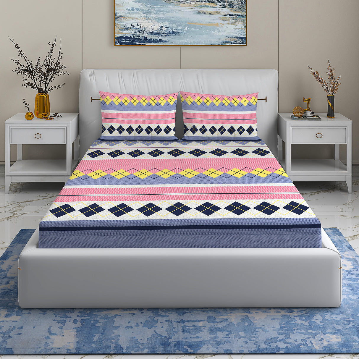 Wakeup INDIA StyleNest Geometric Premium Cotton Queen Size Bedsheet with Two Pillow cover