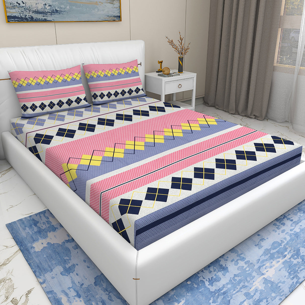 Wakeup INDIA StyleNest Geometric Premium Cotton Queen Size Bedsheet with Two Pillow cover