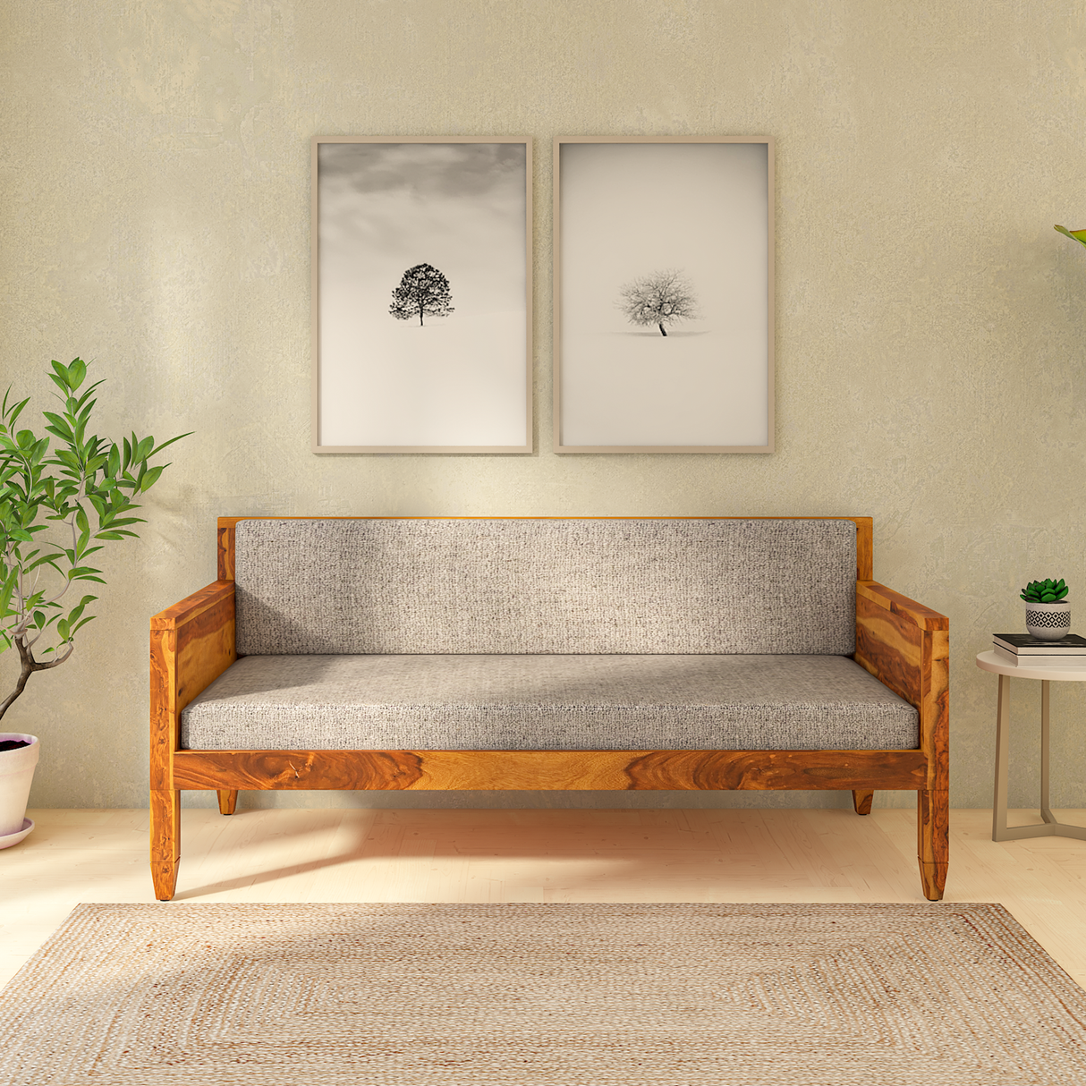 Trely Sheesham Wood Sofa Set In Light Honey