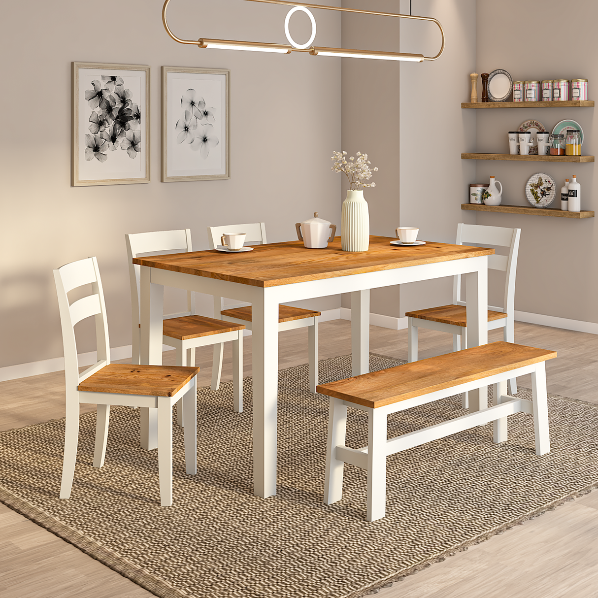 Flay Mango Wood Dining Table Set(6 Seater) In Natural White