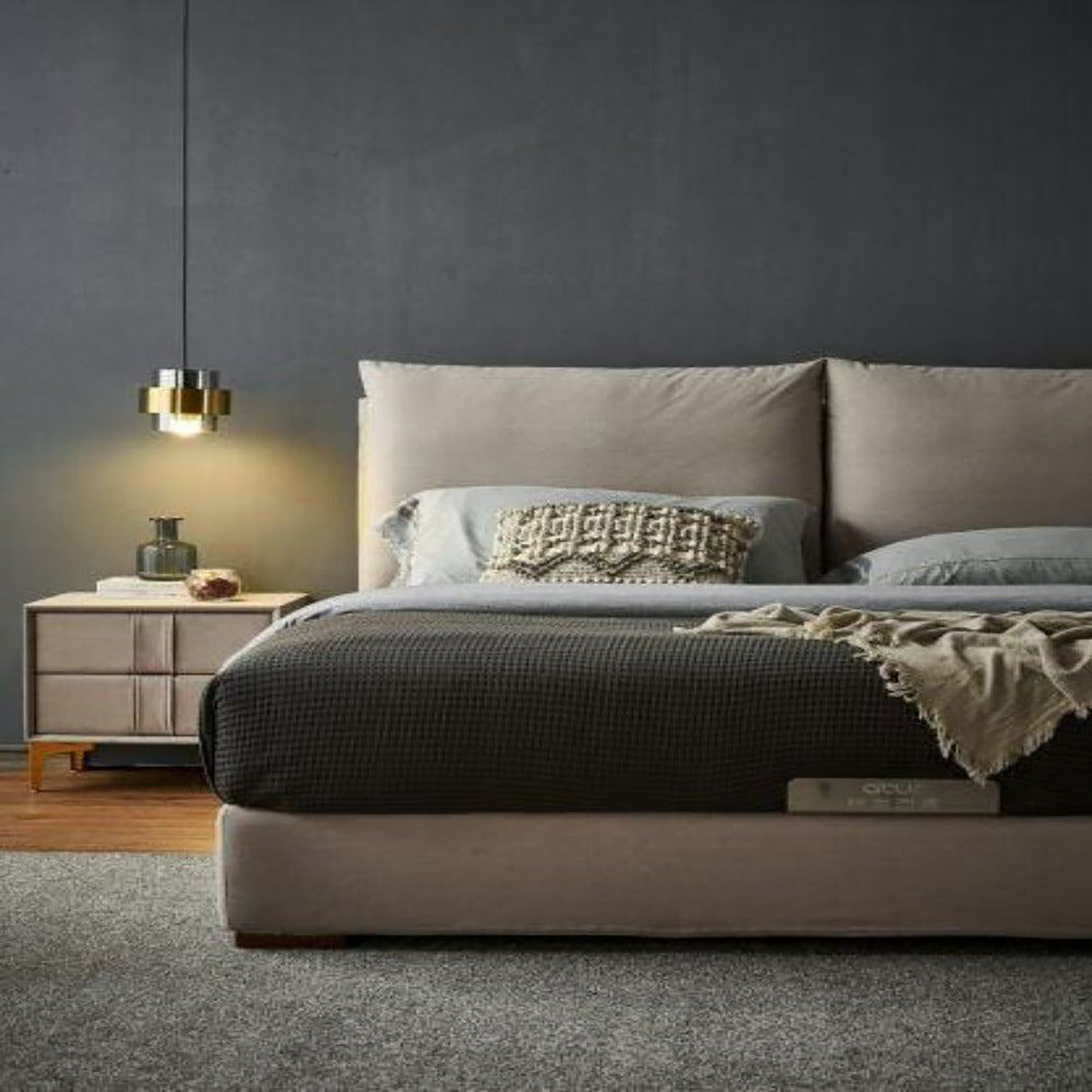 Enclave Upholstered Bed in Beige Colour With Box Storage