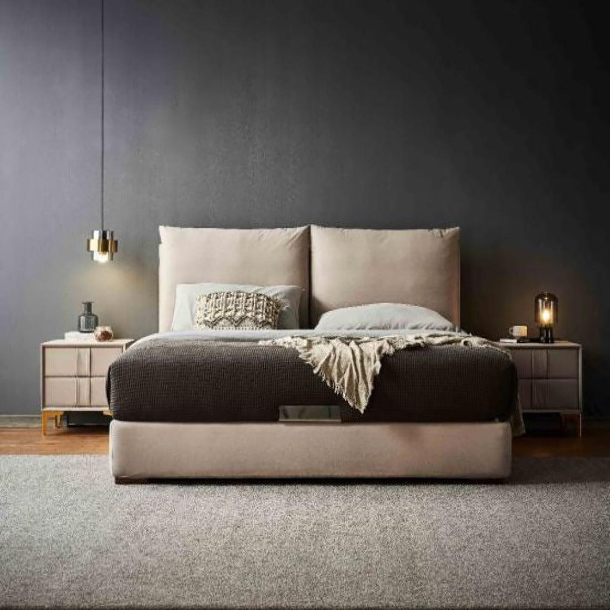 Enclave Upholstered Bed in Beige Colour With Box Storage